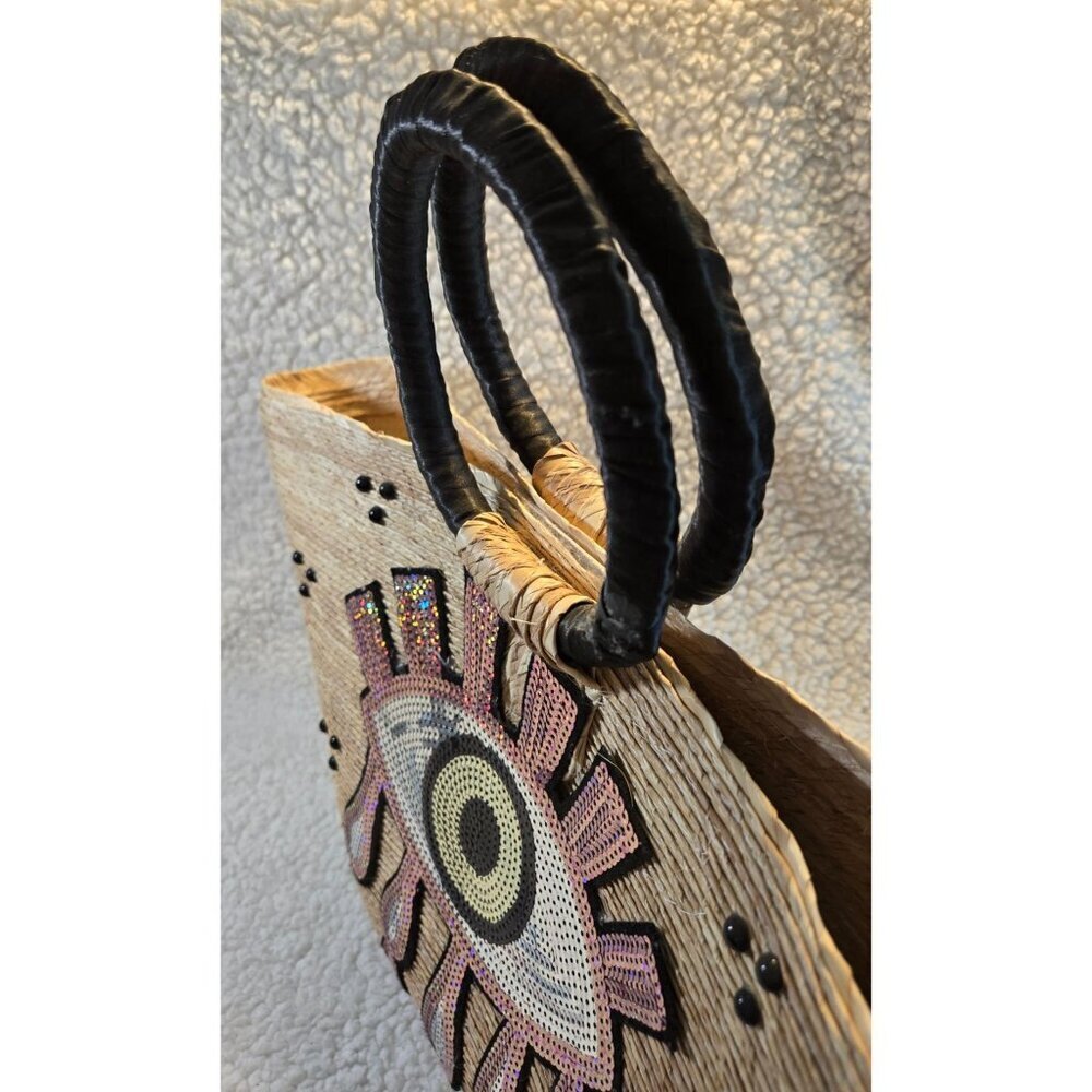 Vintage Handcrafted Straw "Evil Eye" Purple Sequin Beach Tote Purs - Picture 12 of 16